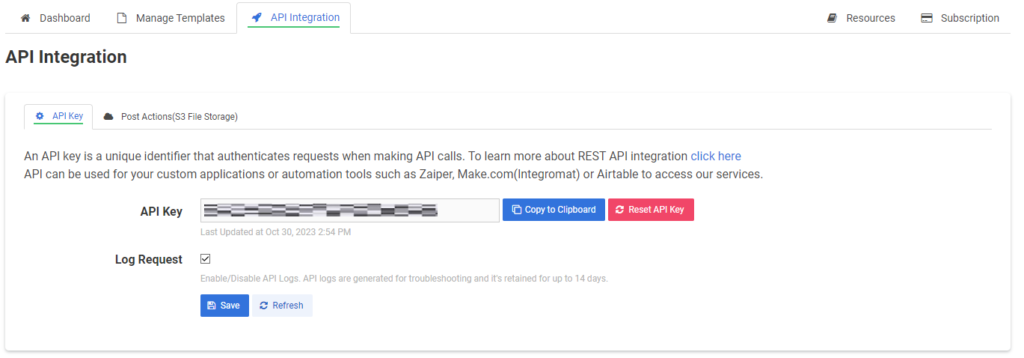 API Integration screen on CraftMyPDF