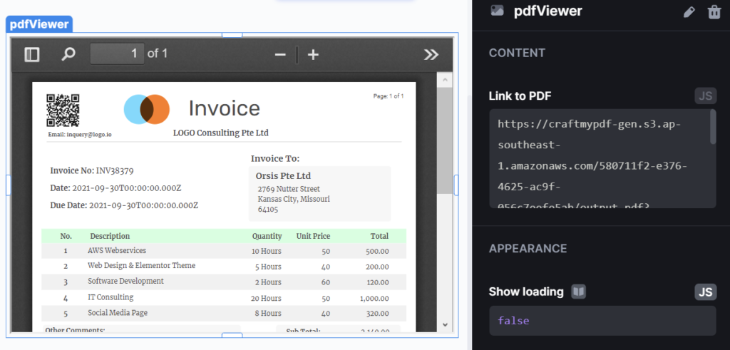 Linking PDF component to display CraftMyPDF’s generated file