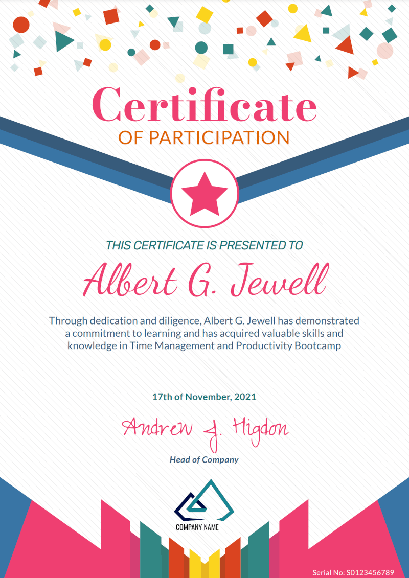 Free printable Certificate of Completion template made with CraftMyPDF