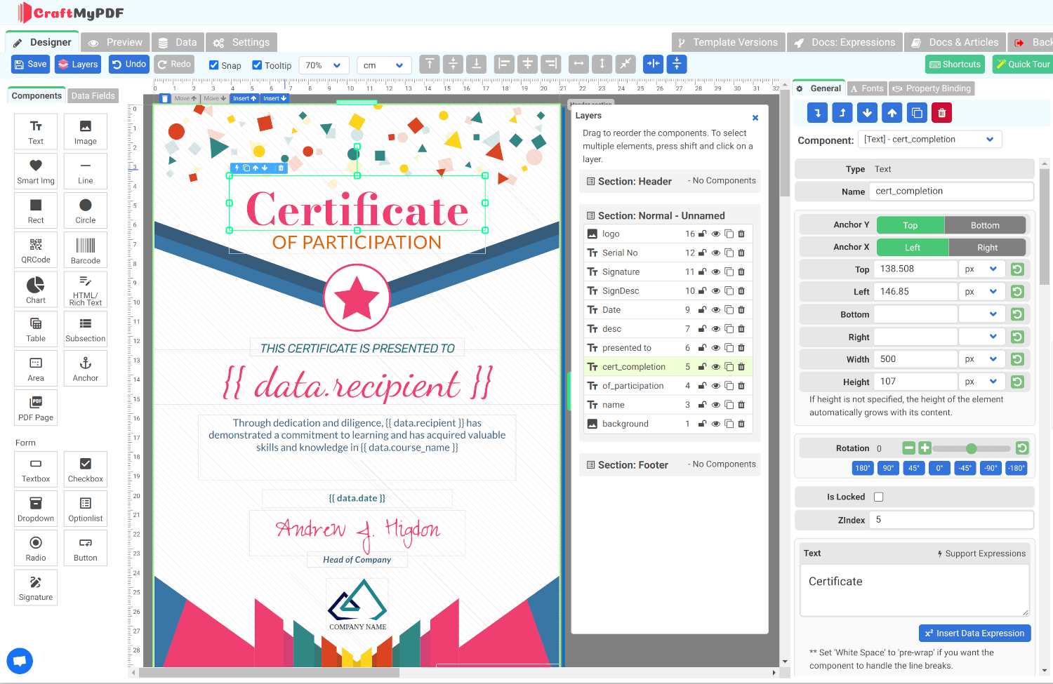 CraftMyPDF drag-and-drop certificate template editor