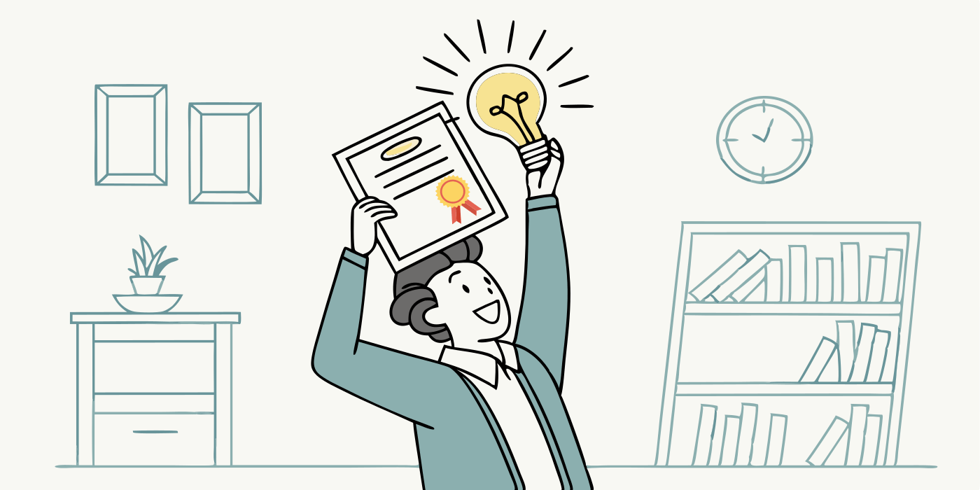 An man hold a certificate and have a light blub in