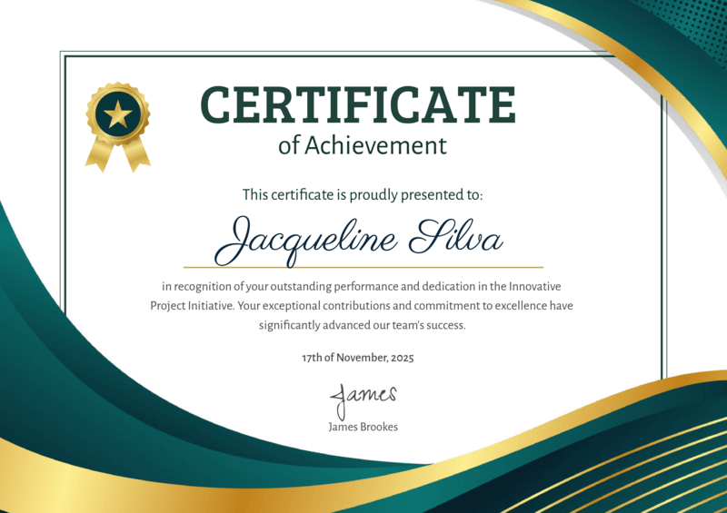 Green Gold Minimalist Elegant Certificate template with green borders and gold foil text
