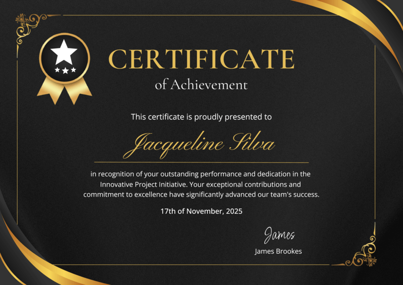 Black and Gold Luxury Certificate template with gold text on a black background
