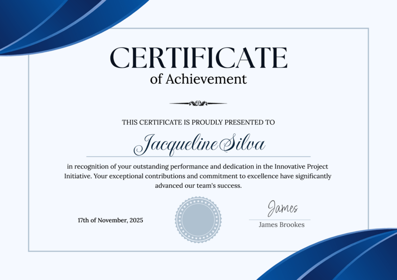 Blue Minimalist Certificate template with a white background and blue header accent
