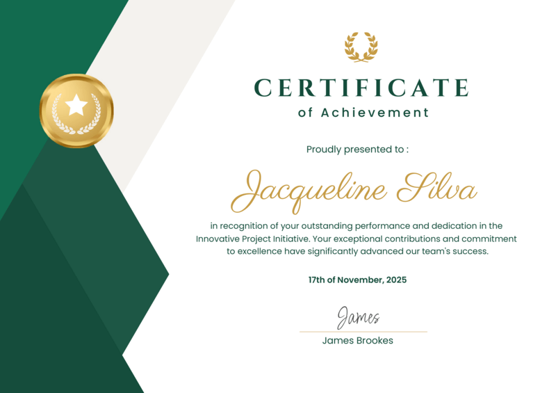 White Green Elegant Certificate template with leaf motifs and green accents
