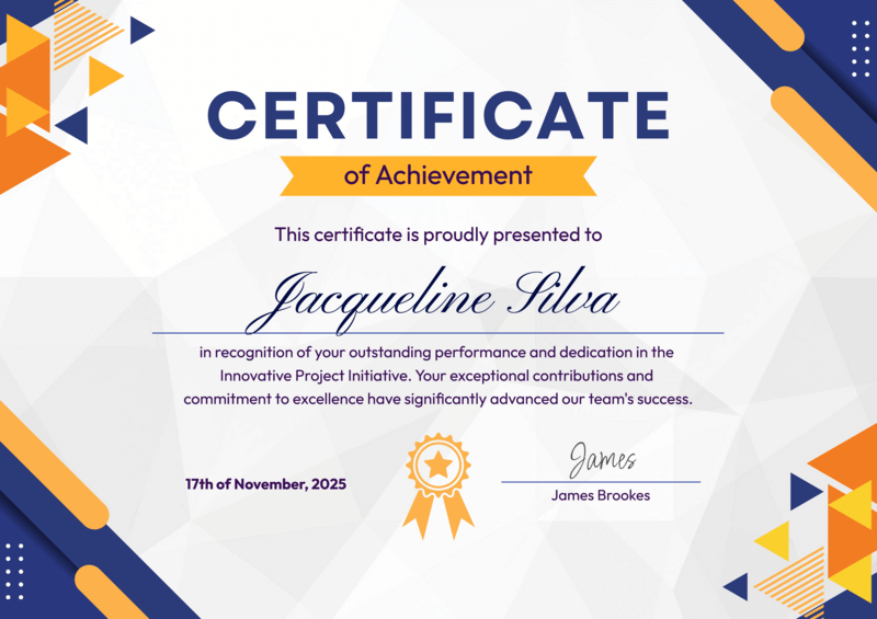Yellow Orange and Navy Blue Geometric Modern Certificate template with bold geometric patterns
