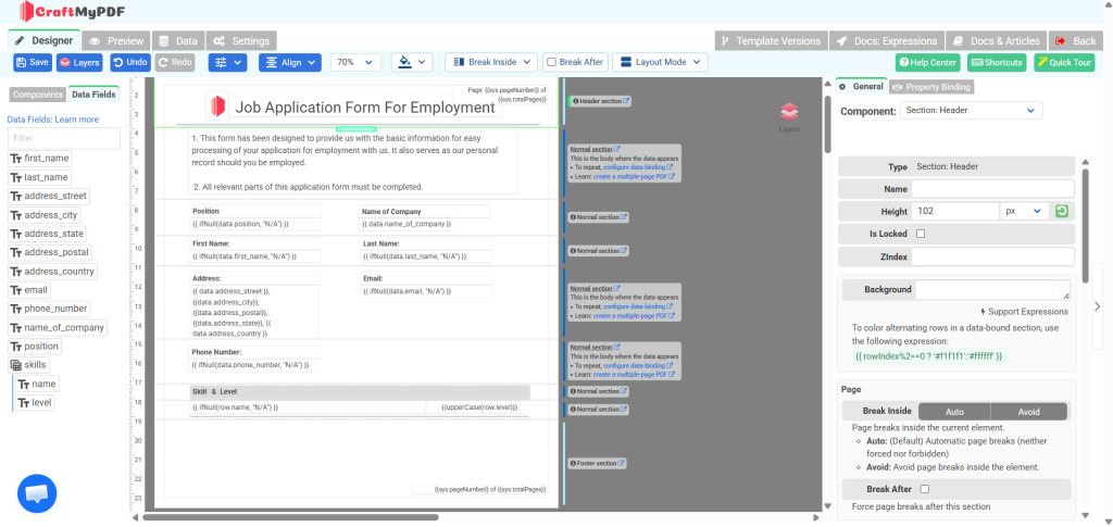 CraftMyPDF Designer tab showing the job application template layout with drag-and-drop sections for personal info, address, and skills