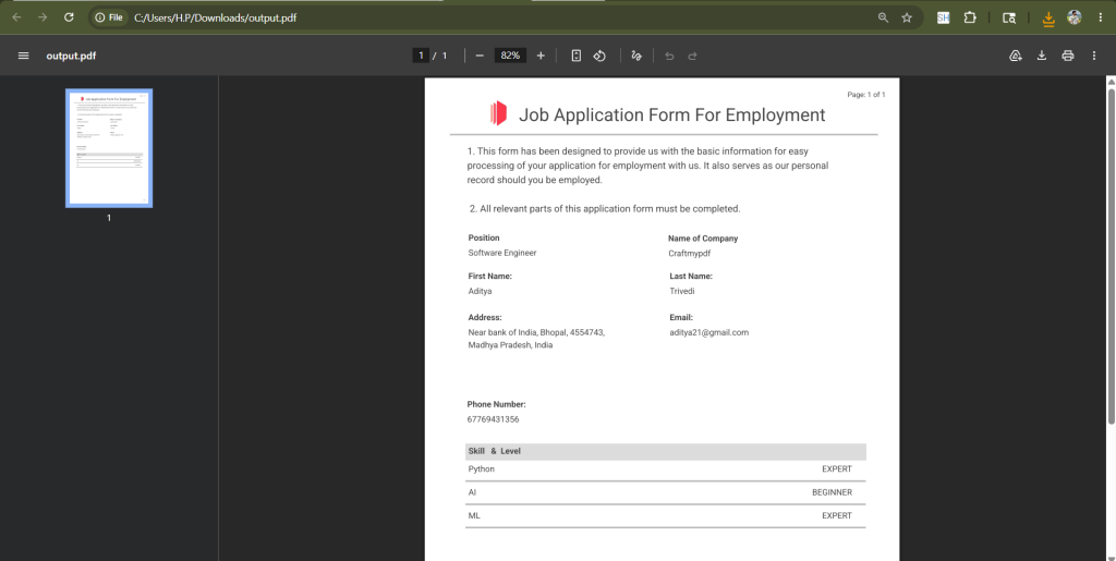 Final generated PDF output with all form data populated in the Job Application template