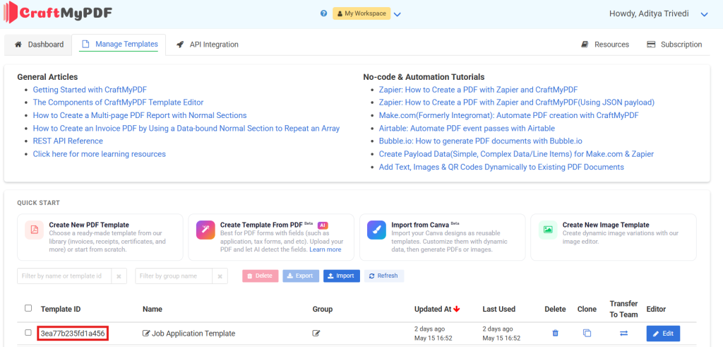 Manage Templates page in CraftMyPDF with the Template ID visible next to the template name