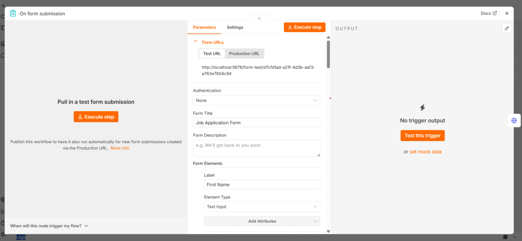 n8n Form Trigger node configuration panel with all form fields (name, email, address, skills) added