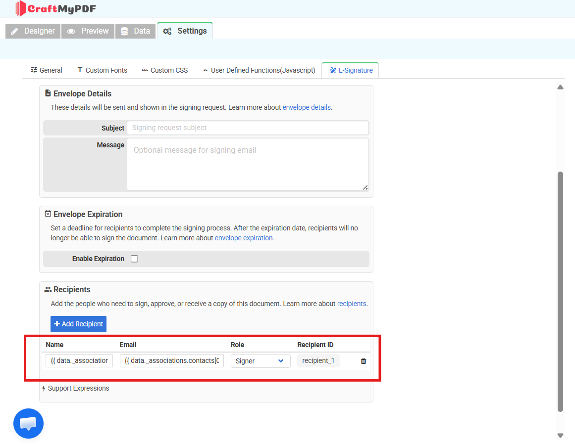 CraftMyPDF E-Signature settings with the HubSpot deal's contact set as the signer