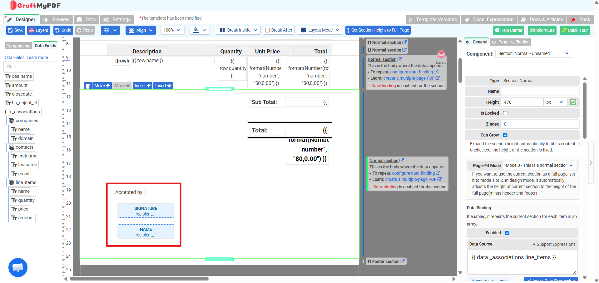 Signature and Name fields assigned to recipient_1 below the totals in the CraftMyPDF designer