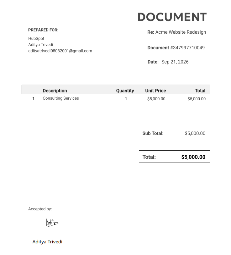 Signed HubSpot deal document generated by CraftMyPDF with the buyer's signature
