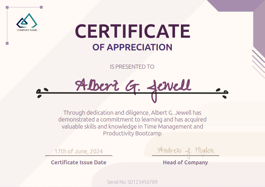 Modern and Geometric Purple Certificate of Completion