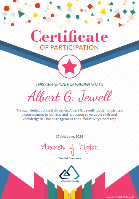 Colorful, Fun, and Celebratory Pink Certificate (Vertical Format)