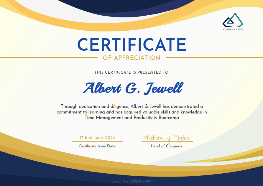 Luxurious Yellow Certificate of Completion