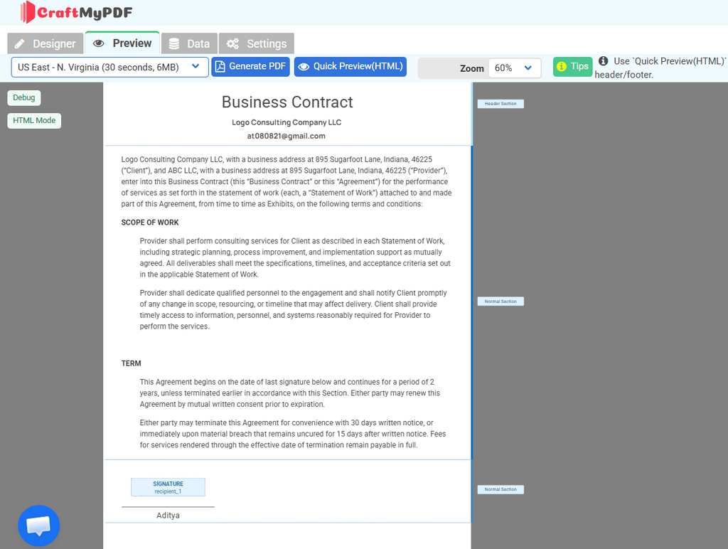 Business contract template with a signature field in the CraftMyPDF preview editor