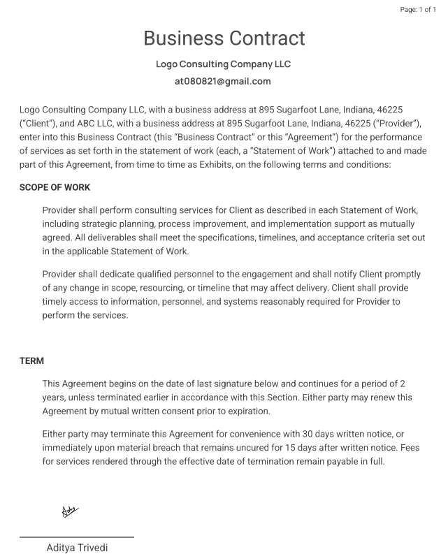 Signed business contract PDF showing the completed electronic signature output