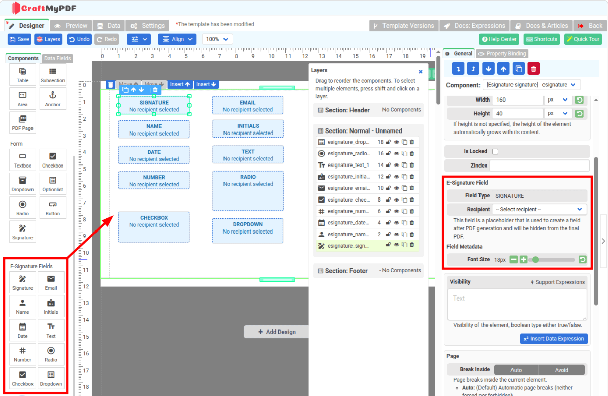 CraftMyPDF designer with e-signature field placeholders